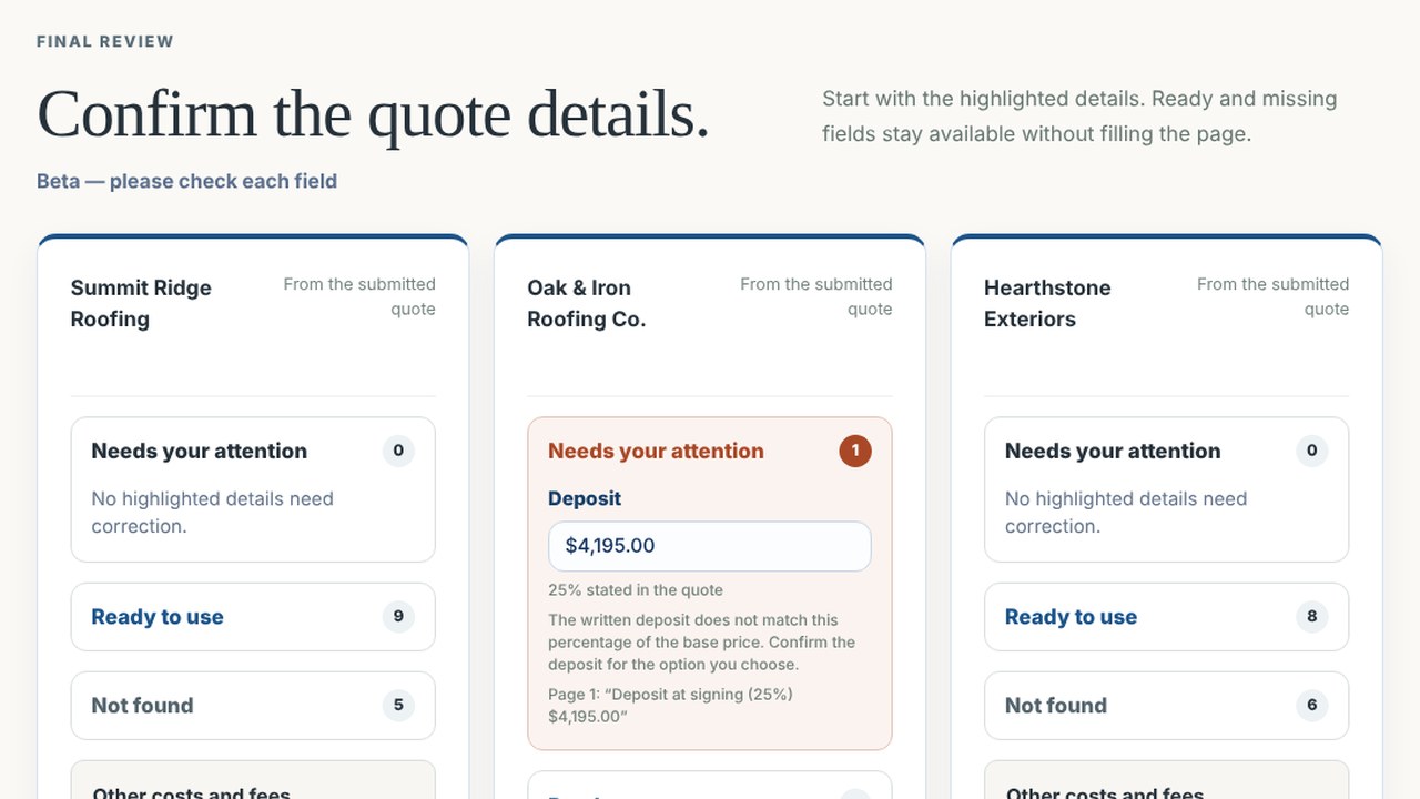 YourHomeDesk quote confirmation showing three roofing quotes side by side, with prices, fees, and one deposit that needs attention